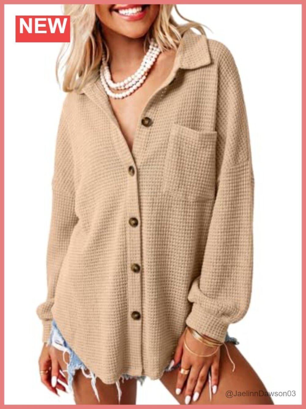 Waffle Knit Shacket Jacket Button Down Shirt Long Sleeve Loose Fit Casual Top